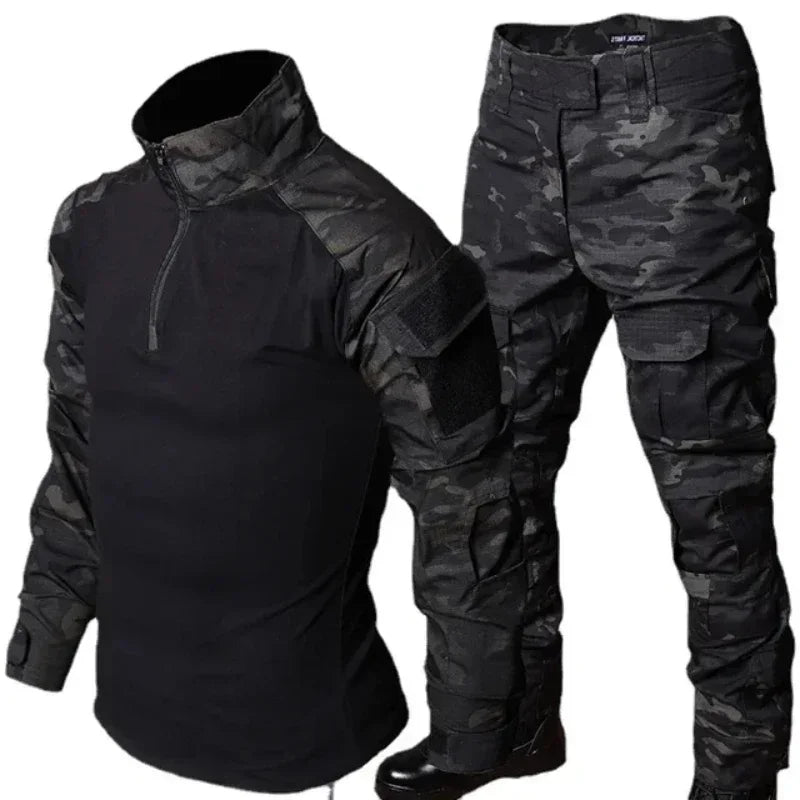 Black Camo Training Sets 1/4 Zipper Combat Tops Tactical Suits Hiking Pants Men Durable Shirts Multiple Pockets Wear-resisting