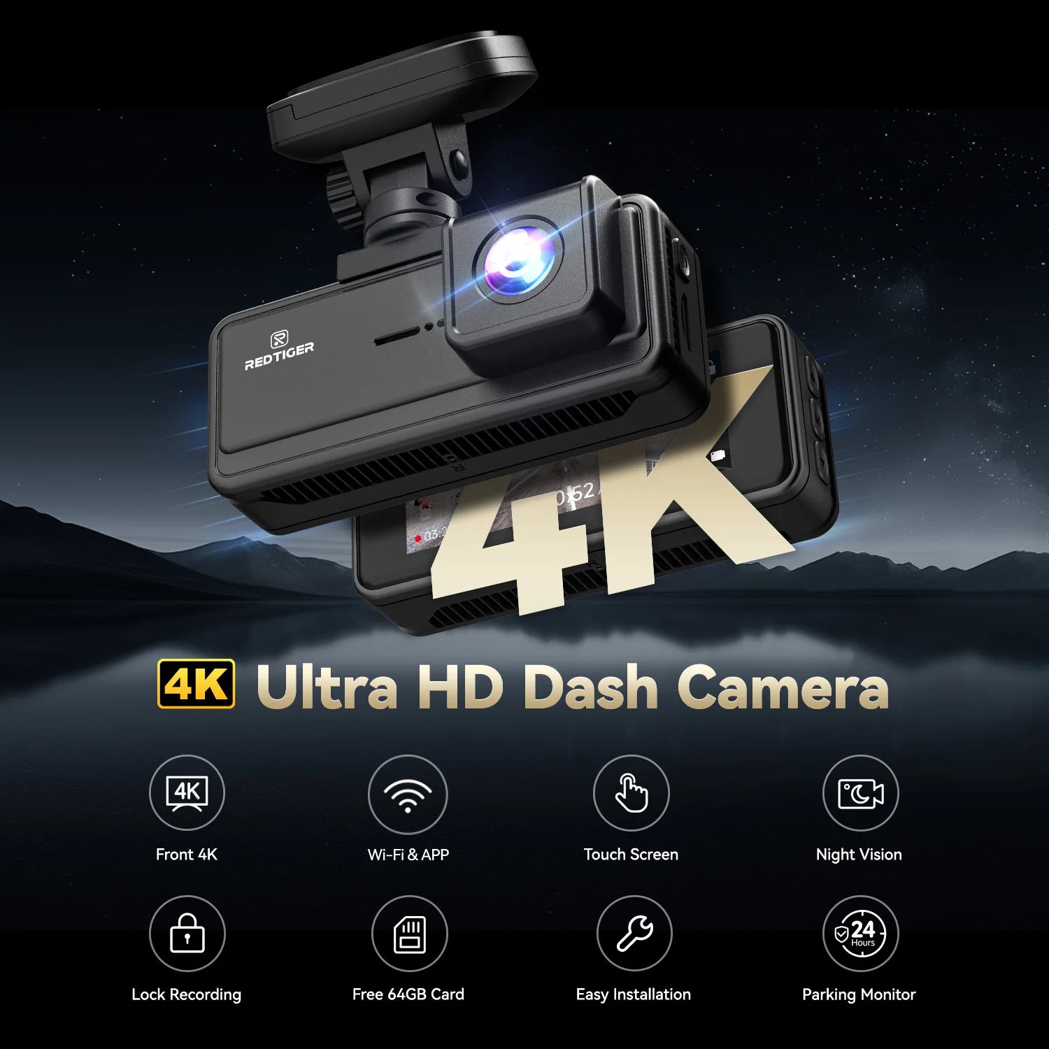 REDTIGER A8 4K+1080P Dash Cam with GPS, WiFi, Touch Screen
