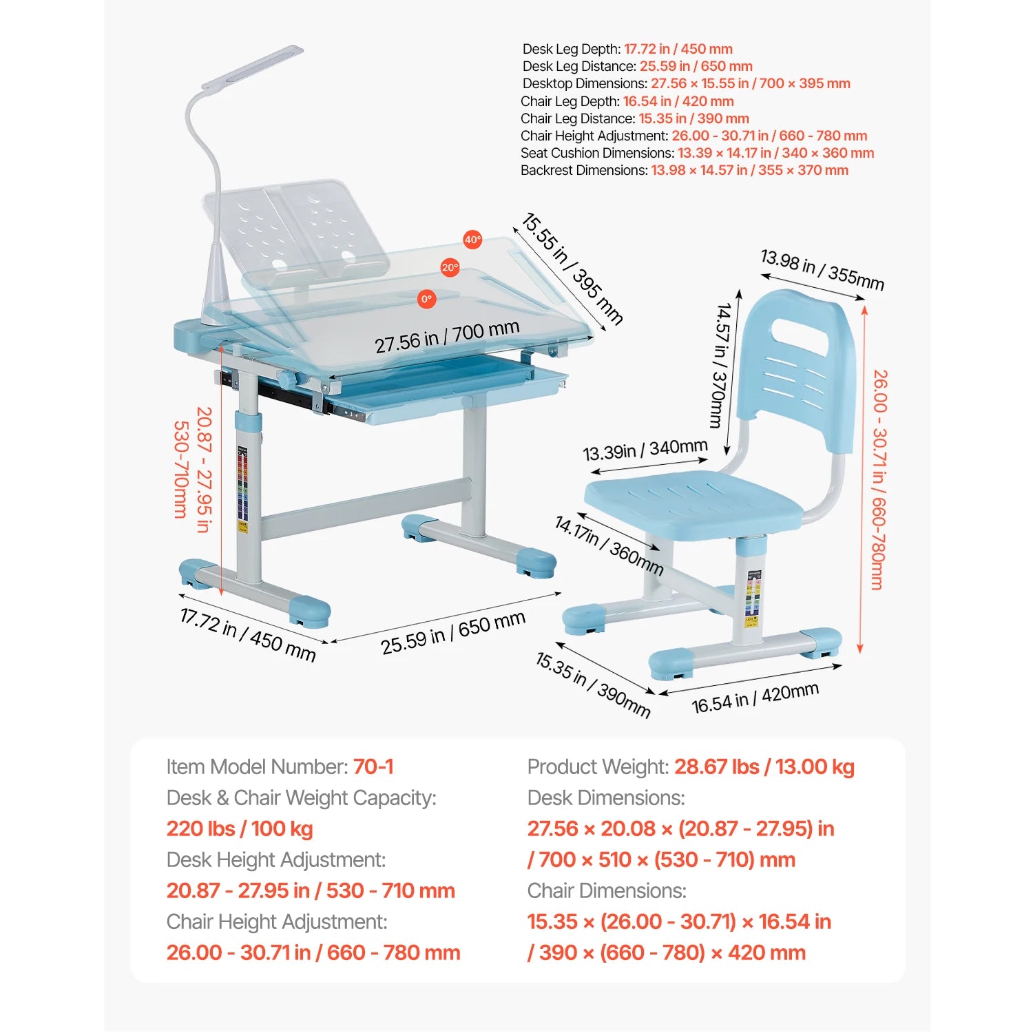 Ensemble bureau d'étude et chaise réglables pour enfants avec lampe et rangement