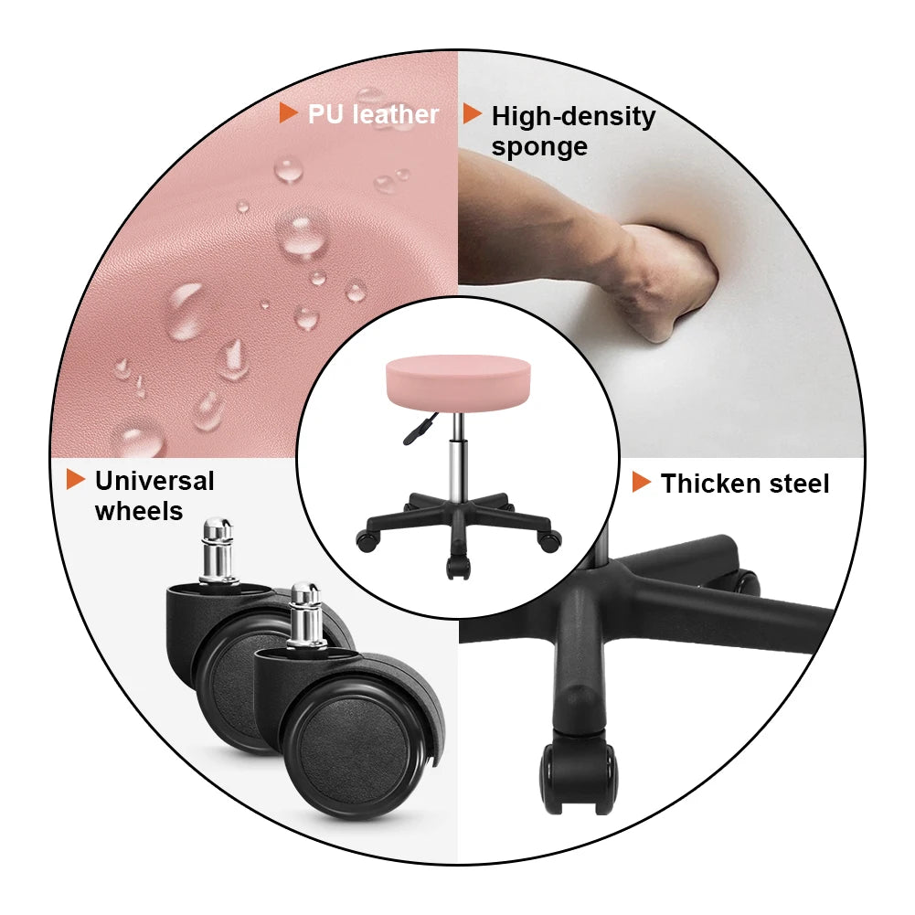 Adjustable Swivel Stool with Wheels Cushioned PU Seat Pink