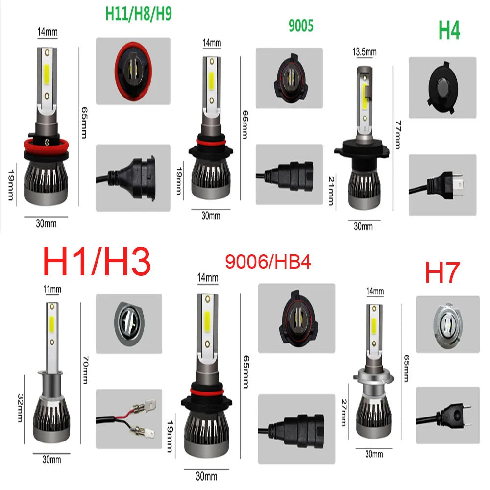 2 pezzi LED H4 H7 per fari auto H1 LED H8 H11 9005 HB3 9006 HB4 9004 HB1 H3 HB5 H13 luci LED 20000LM lampada turbo, 12V