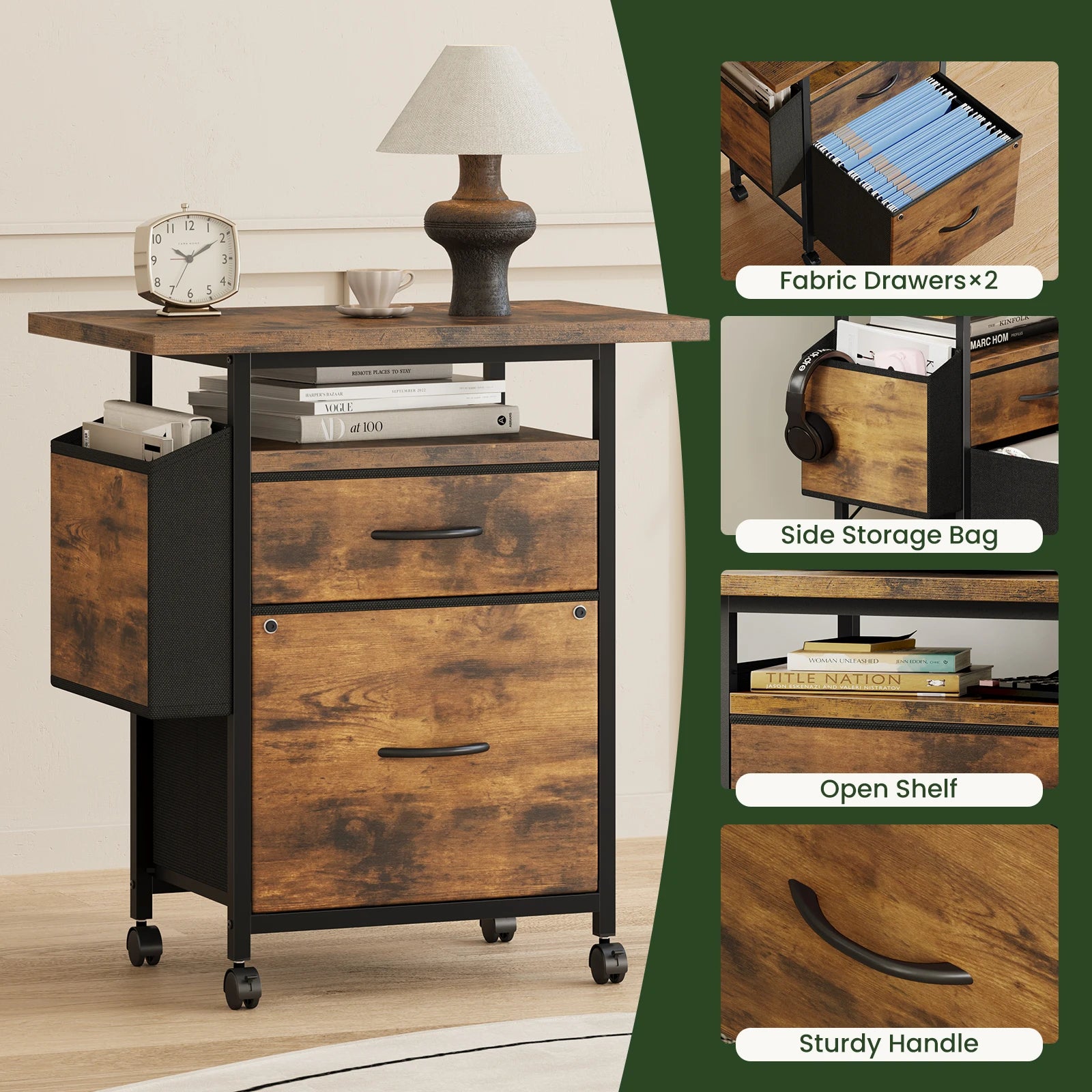 Rolling File Cabinet with Drawers, Printer Stand & Storage Shelf