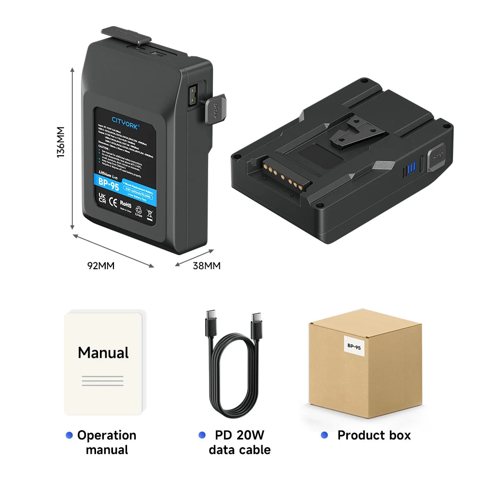 V Mount V-Lock BP185 95 V-Mount Battery BP 222 Battery with PD20W Cable for Sony Camcorder Broadcast Video Light Blackmagic URSA