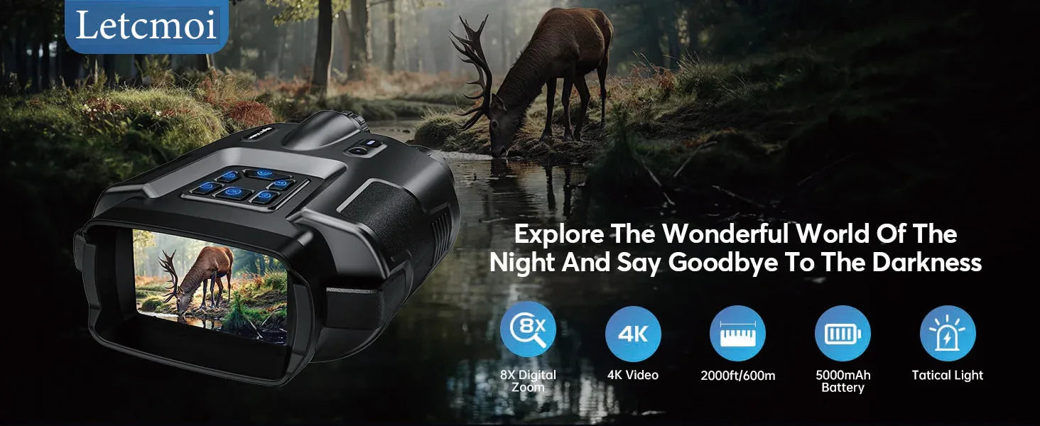 4K Night Vision Binoculars with 8X Zoom, 3" Screen & Tactical Light