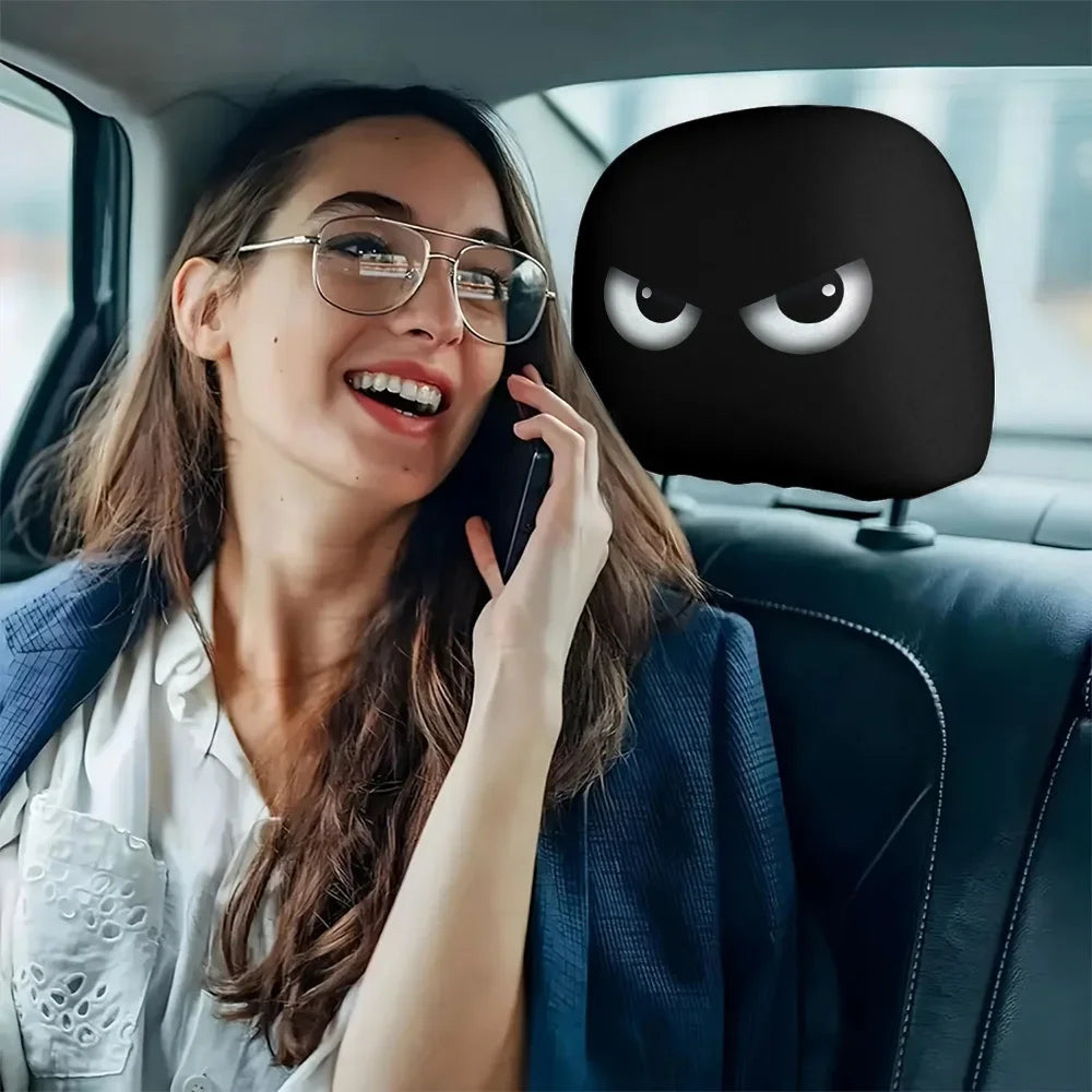 2PCS Funny Slanted Eyes Cartoon Print Car Headrest Cover for Halloween Christmas Holiday Automobile Interior Decoration