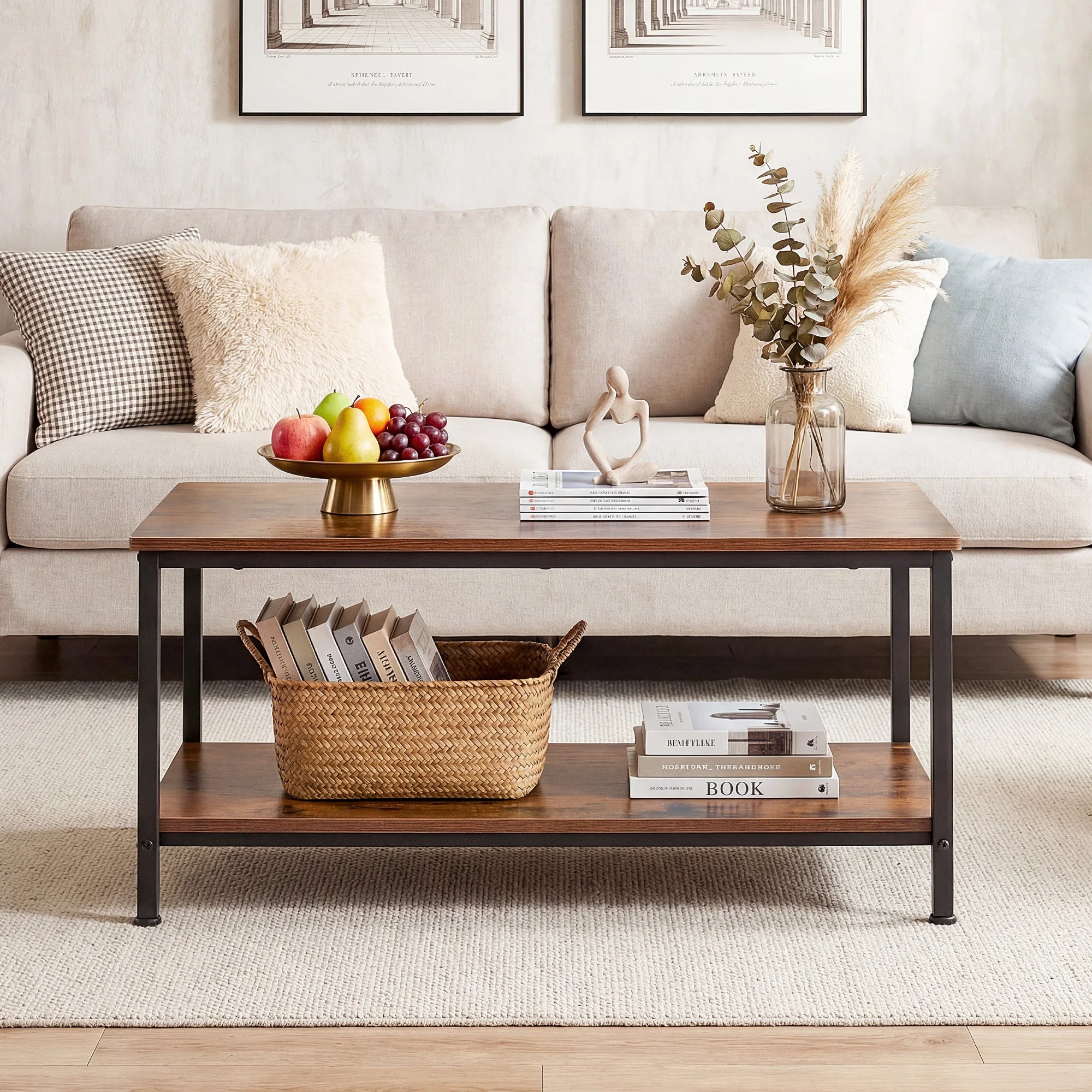 31" Wood Coffee Table with 2-Tier Storage Shelf for Living Room
