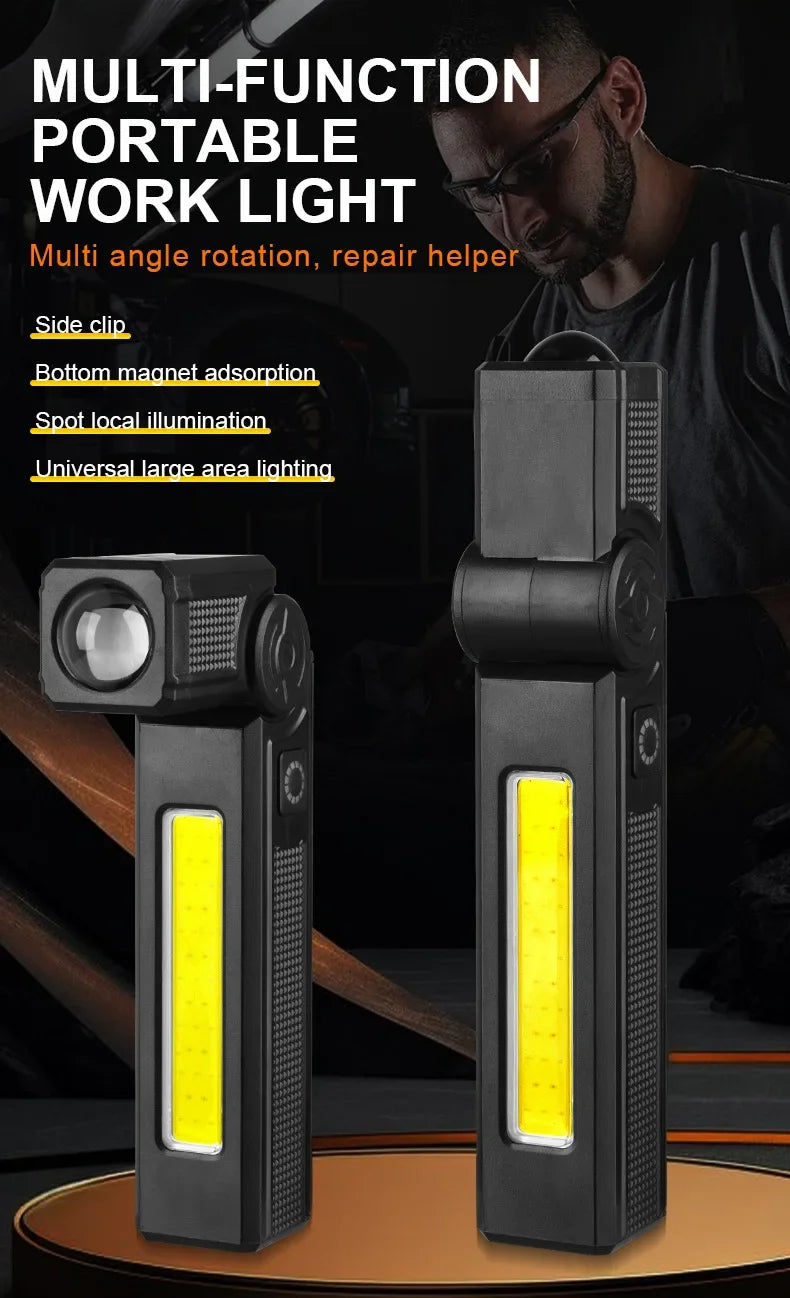 USB Rechargeable LED Work Light 1000 Lumens COB Lantern with Power Capacity Indicator Handled Flashlight for Outdoor Car Repair