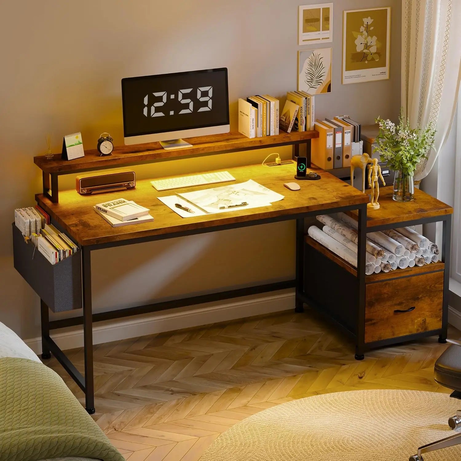 56.5" Office Desk with Drawers, Power Outlets & Monitor Stand