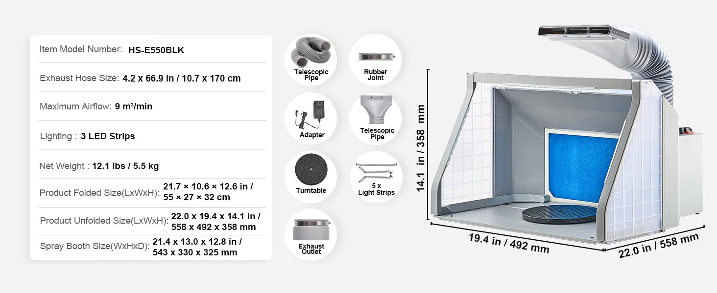 Draagbare Airbrush Spuitcabine met Dubbele Ventilatoren, LED-verlichting en Slang