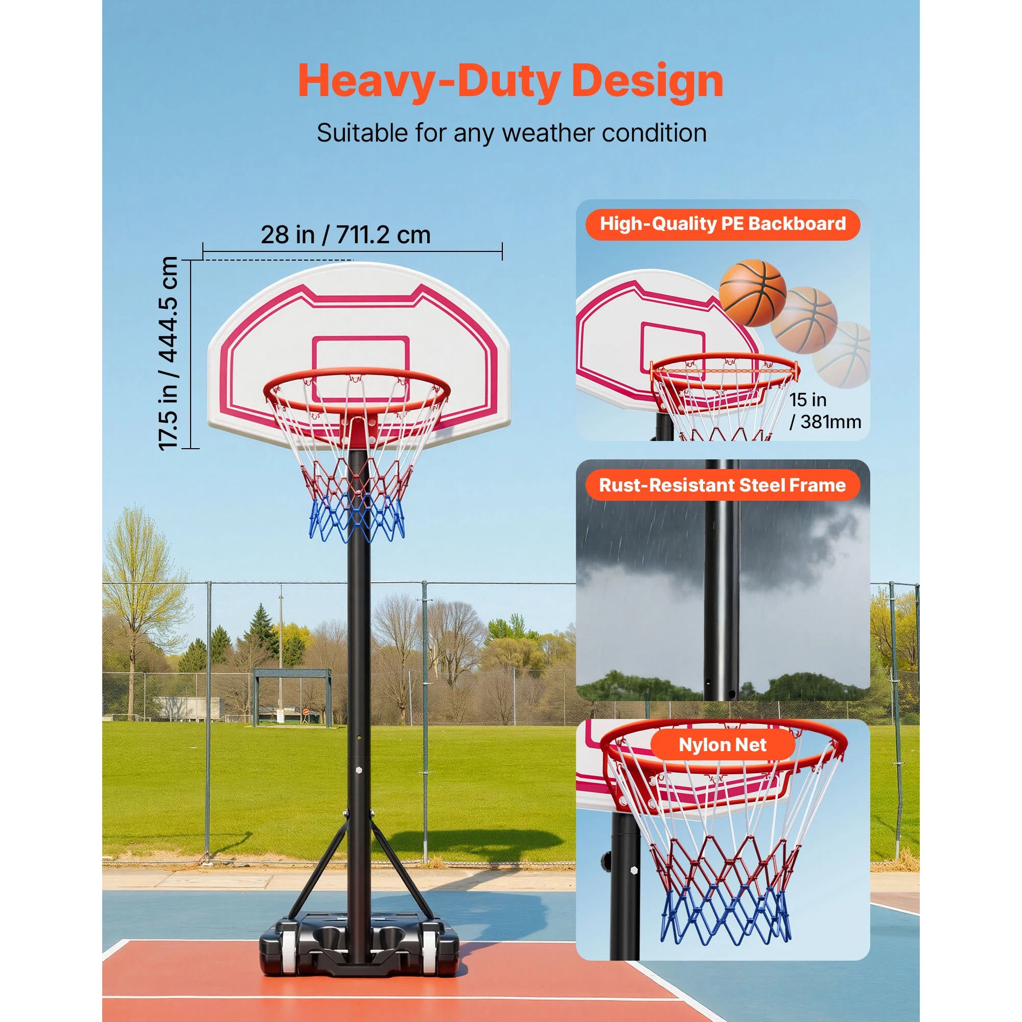 Canestro da basket portatile regolabile 5,2–6,9 ft con ruote