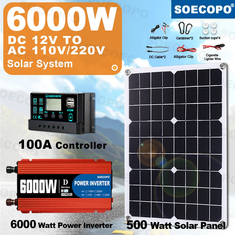 6000W Solar Power System 500W Panel 100A Controller Alligator Clips Carabiner Hooks 12V to 110V220V Inverter for Home RV CE FCC