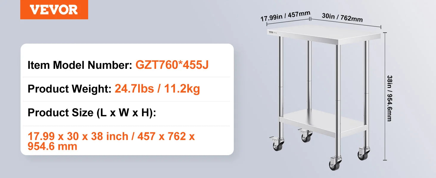 Stainless Steel Work Table with Wheels, Adjustable Shelf, 500 lb Capacity