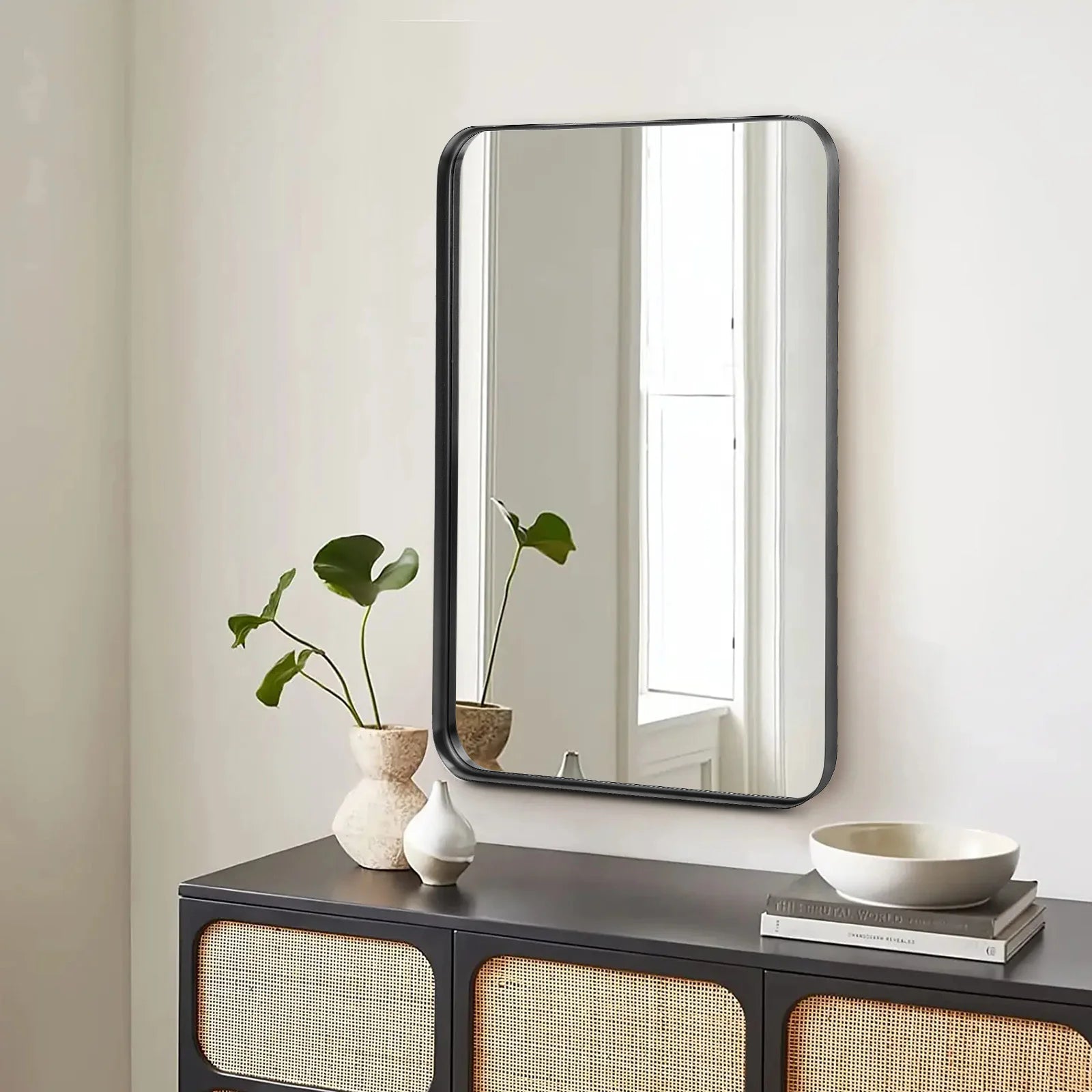 Large 30x40 Inch Black Framed Wall Mirror with Tempered Glass