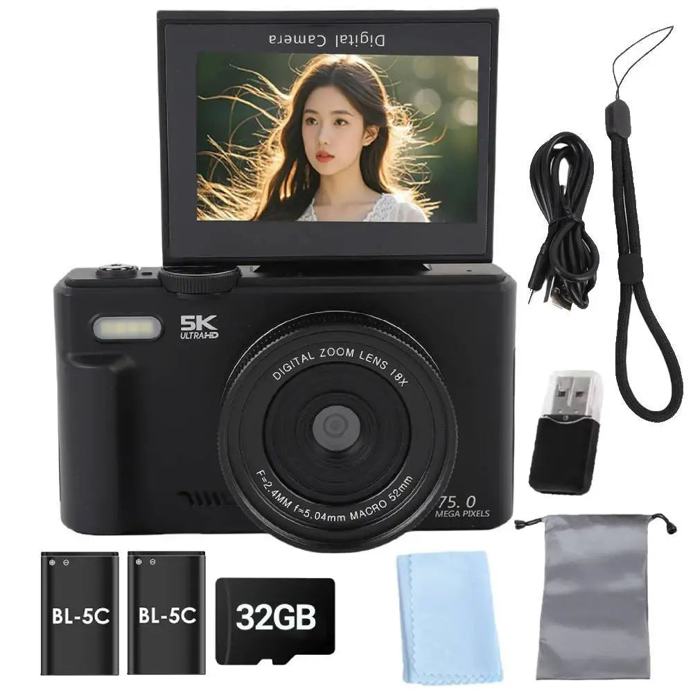 75MP Digital Camera 5K 18X Zoom Flip Screen WiFi