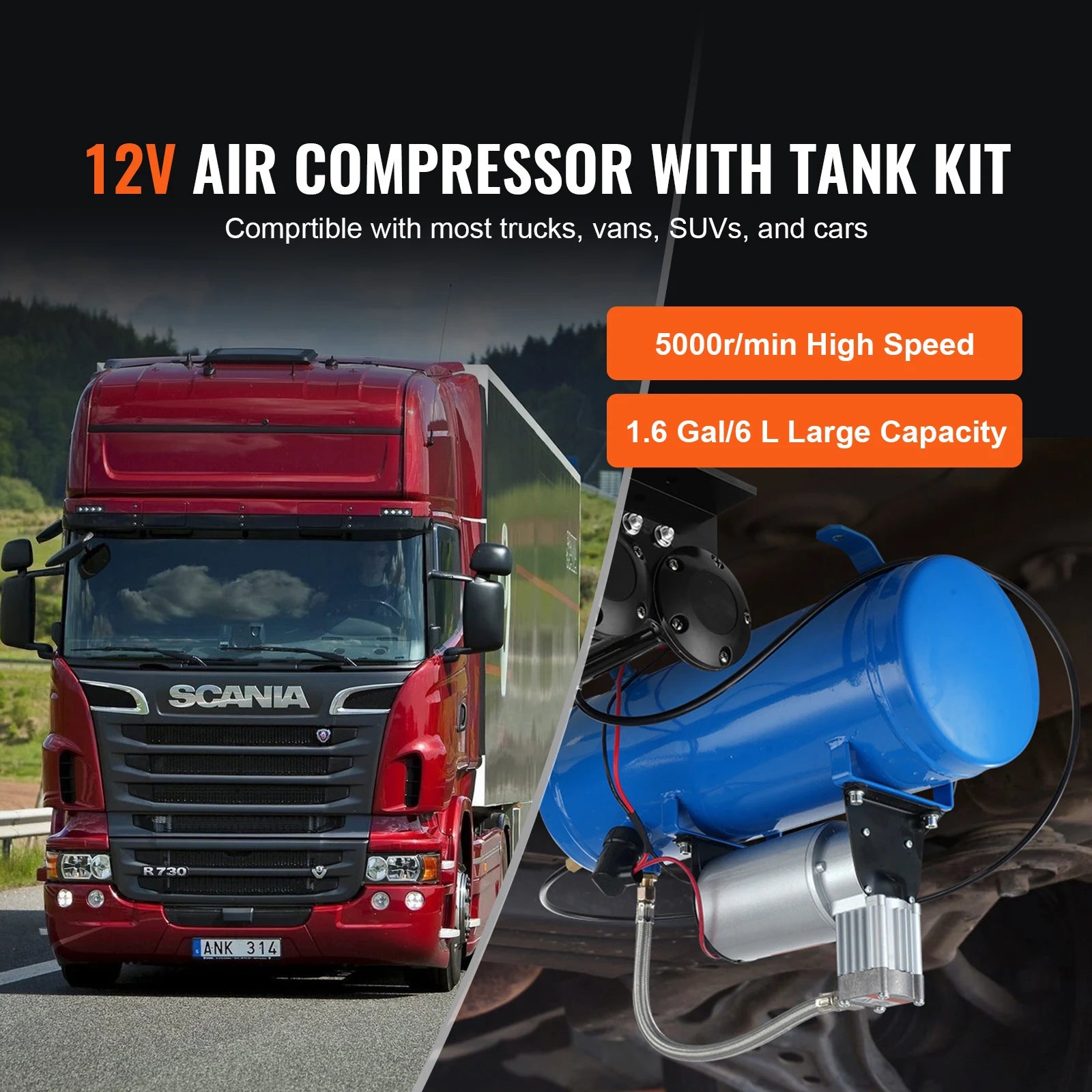 SucceBuy 12V Luftkompressor mit Tank 3/6L Zughupe Luftkompressorsystem 120psi für Zughupe/Reifenaufpumpen