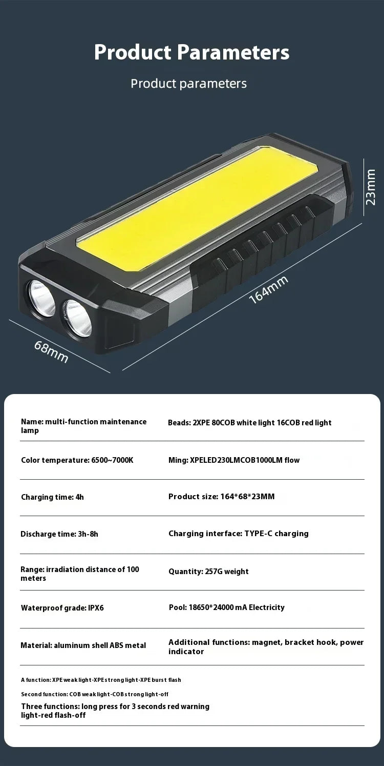 Waterproof with Magnet Flashlight Portable COB Work Light LED 4000mAh Flashlights Multimode 18650 Camping Torch Light