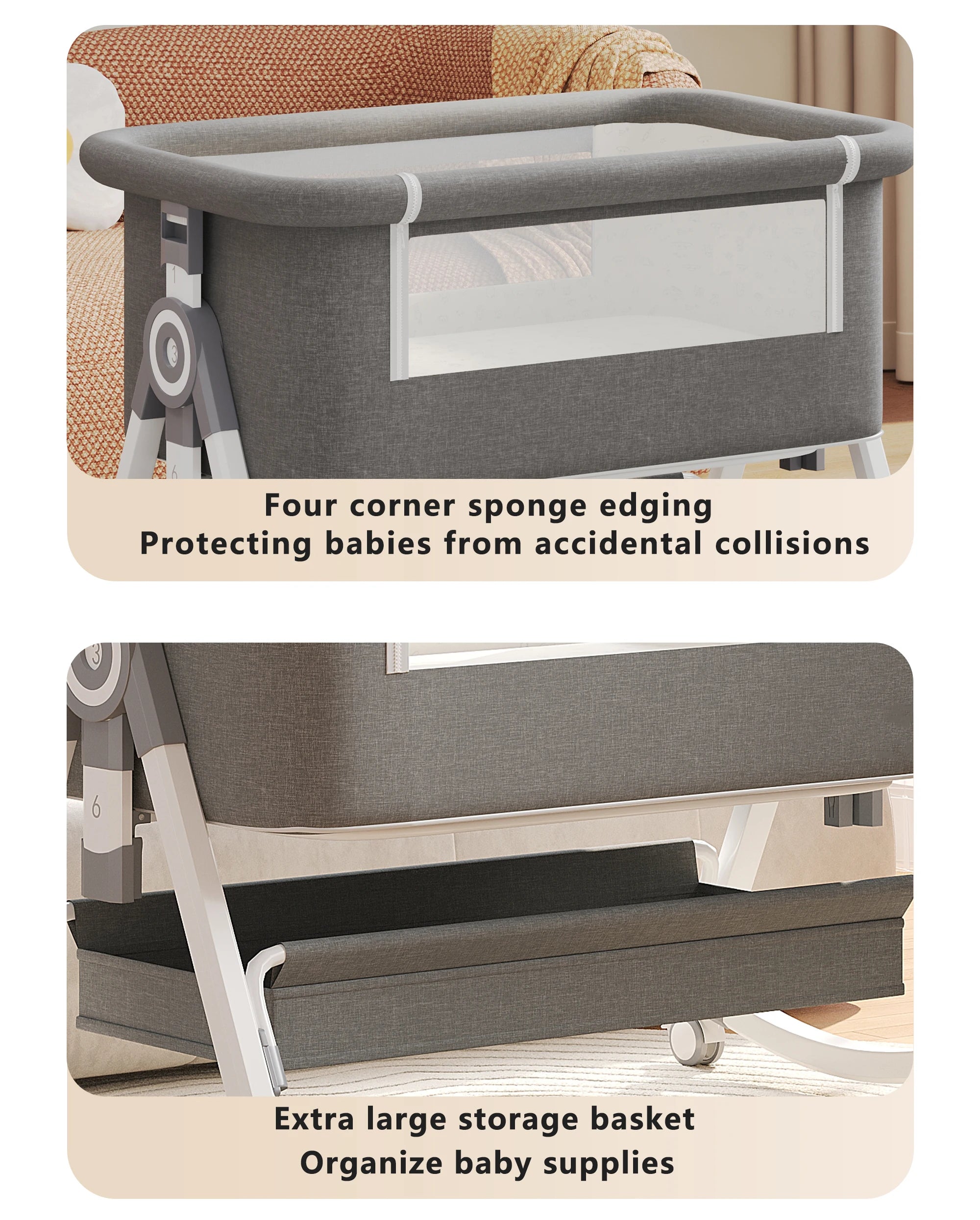 5-in-1 Baby Crib with Adjustable Height, Rocking Mode, Mosquito Net and Storage