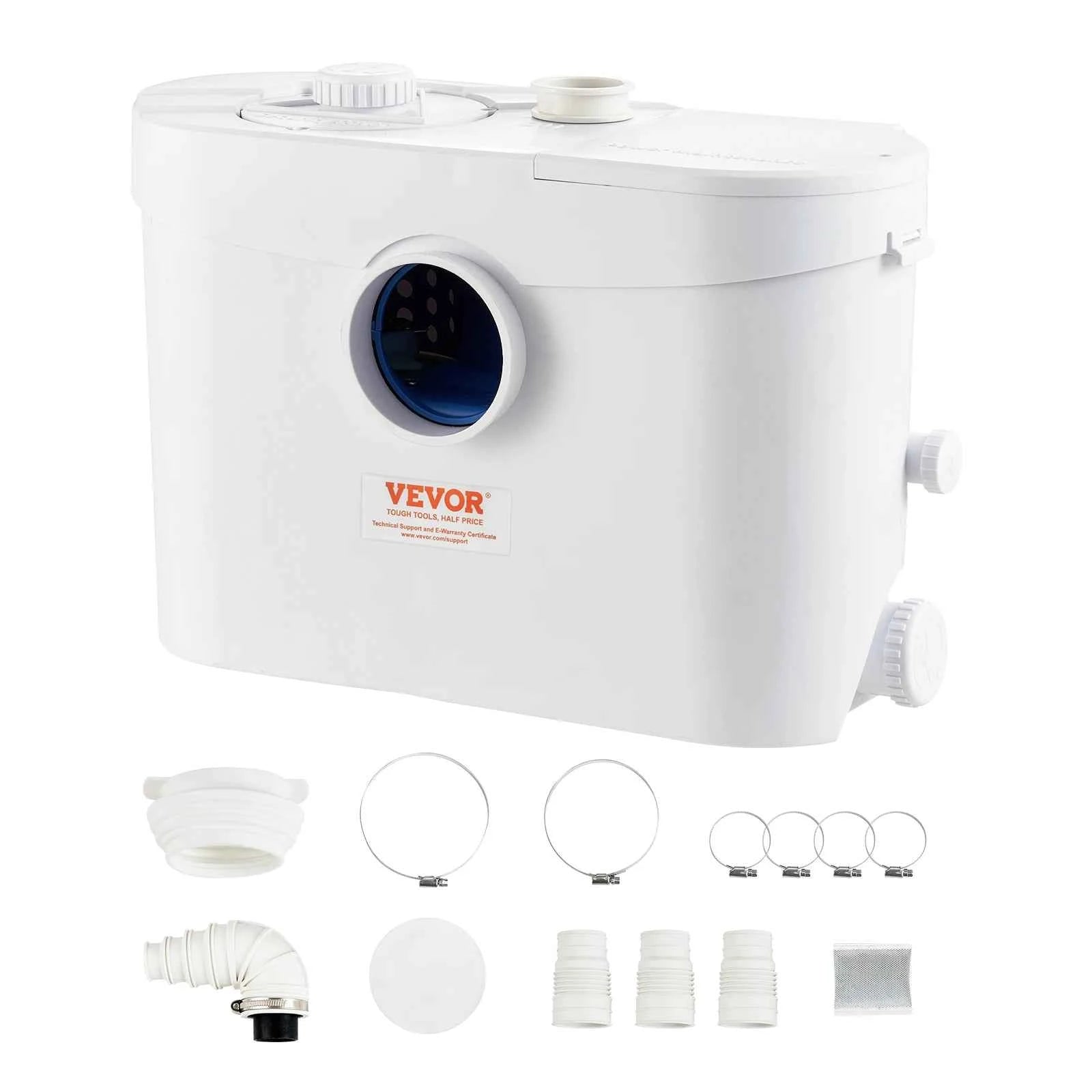 VEVOR Macerator Sewerage Sump Pump 500/700/900/1200W 26/32.8/33/40ft Head with Water Inlets Waste Water Disposal Upflush Machine