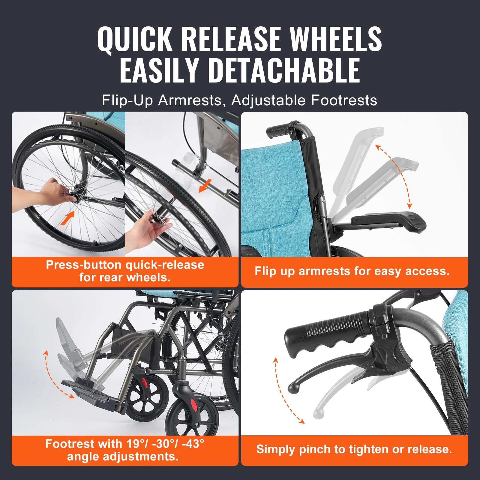 SucceBuy Wheelchair Aluminum Alloy with Flip-Back Desk-Length Arms 3-Position Adjustable 18-Inch Wide Seat 250lb Weight Capacity