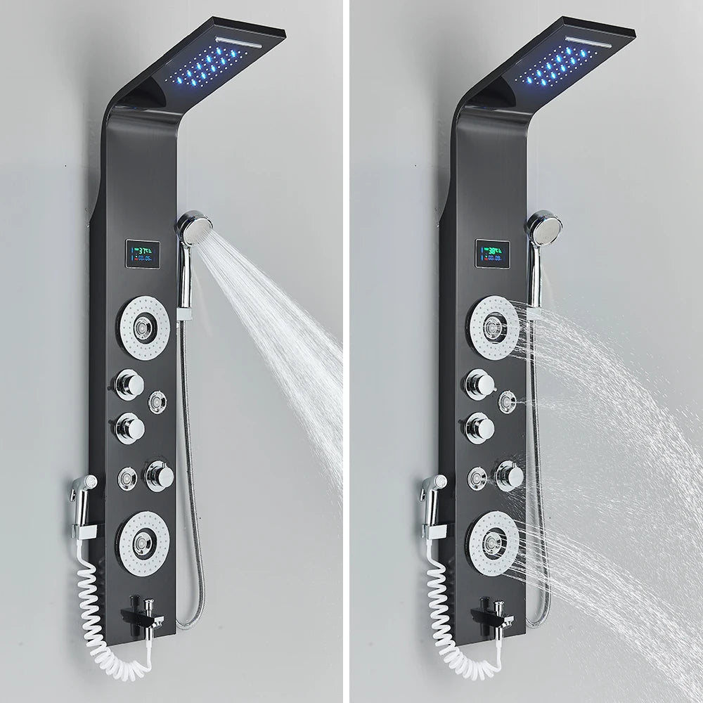 Sort badeværelsesbrusepanel med LED-display og massagejets