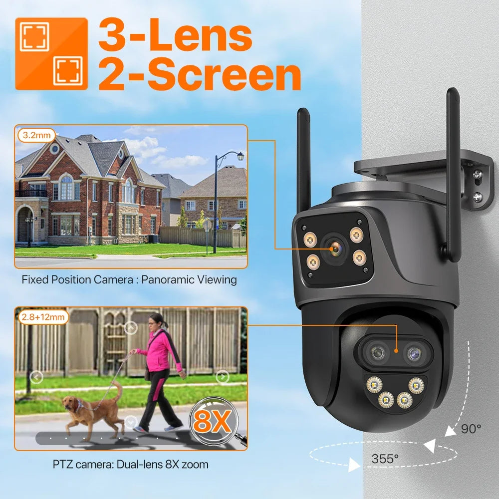 6K 9MP WiFi Outdoor PTZ Security Camera with Dual Screen, Three Lens, 8x Zoom