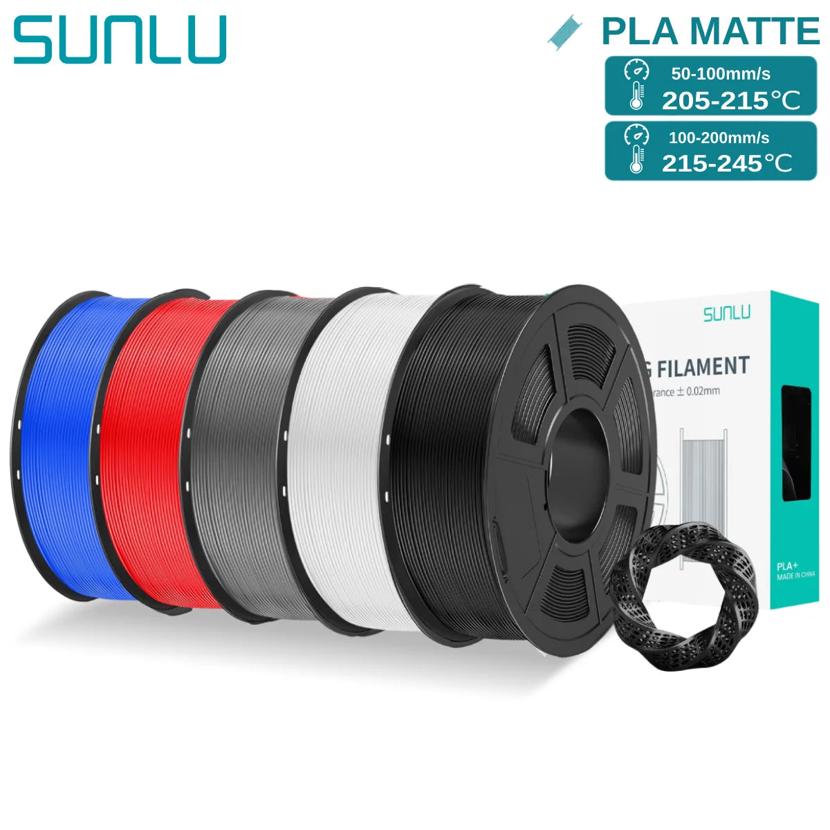 SUNLU PLAmatte 1.75mm 3D Filament – Matte Finish & Precision Printing