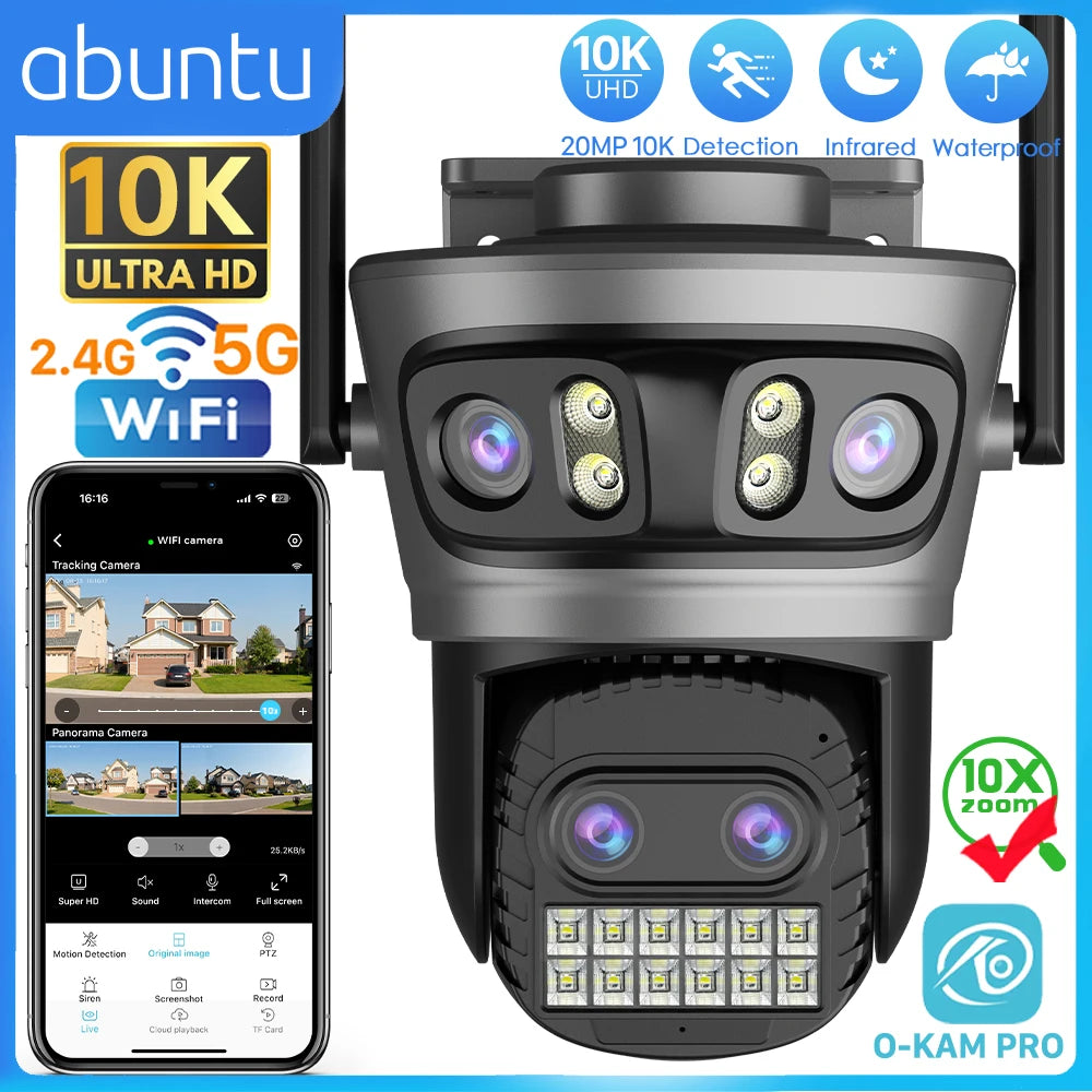 20MP 10K PTZ WiFi biztonsági kamera 4-lencsés 360° automatikus követéssel
