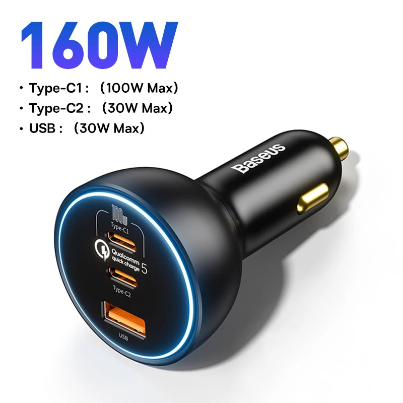 160W Rýchla autonabíjačka QC5 PD3.0 USB-C s dvoma portami pre telefóny a notebooky