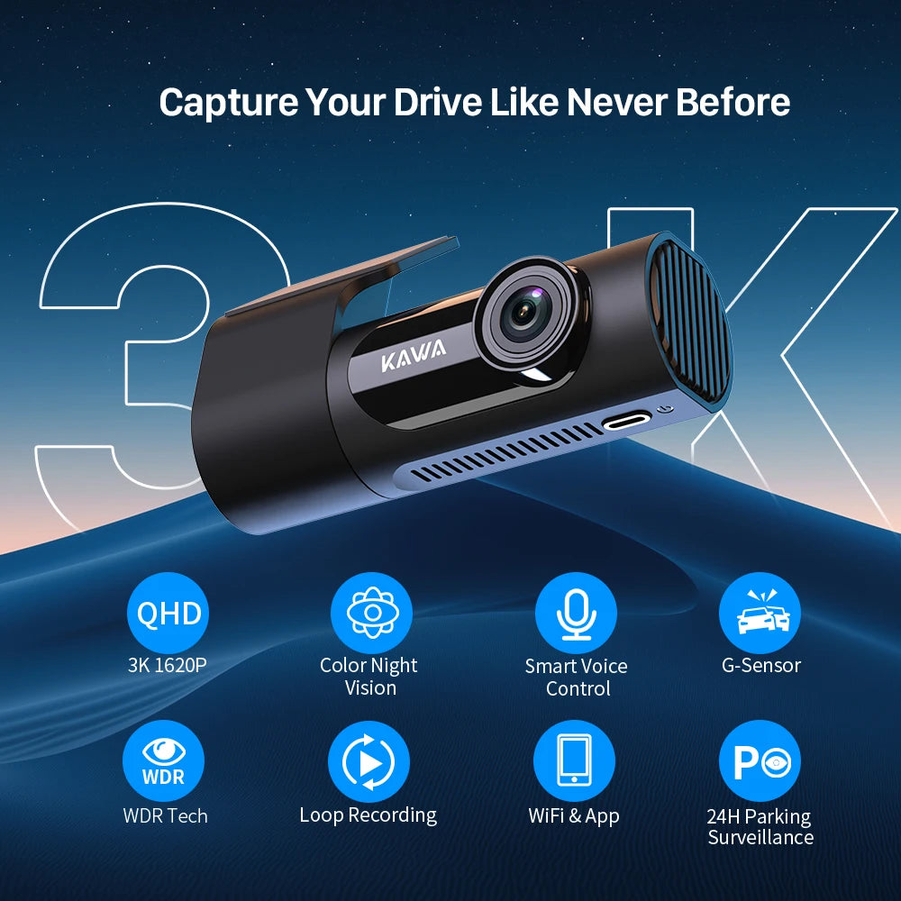 Dash cam KAWA D6 3K Video Recorder Car Dash Camera for AUTO, Car DVR Voice Control,Night Vision Dashcam Upgrade
