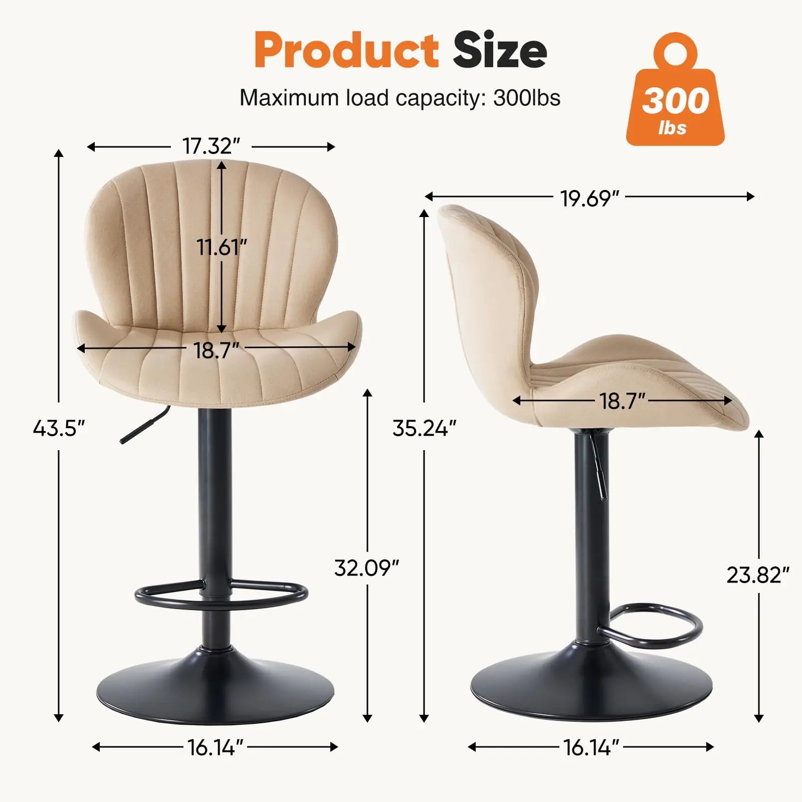 Adjustable 360° Swivel Bar Stools Set of 2 Fabric Dining Chairs