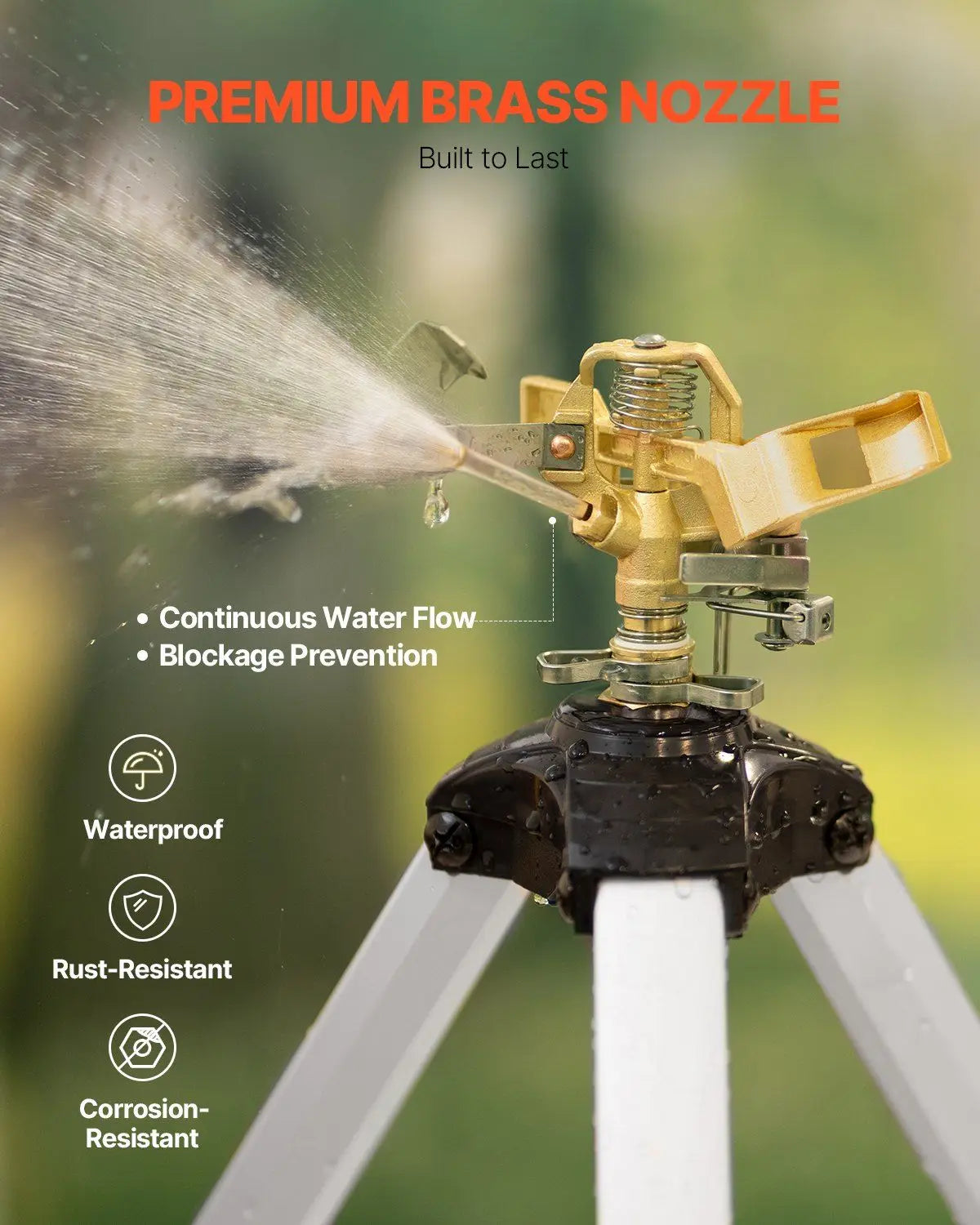 Robust trebenet plænesprinkler med messinghoved og 360° dækning