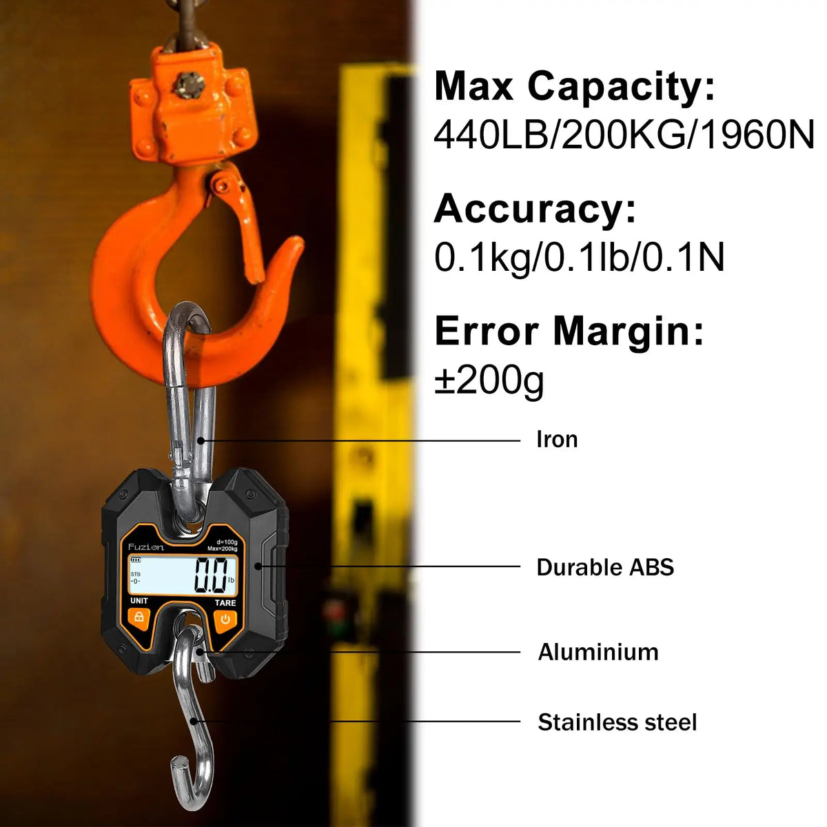 Mini Crane Scale - Hanging Scale 440lb/200kg/1960N, Deer Scale Hanging with Large LCD Display, Hold & Tare Functions