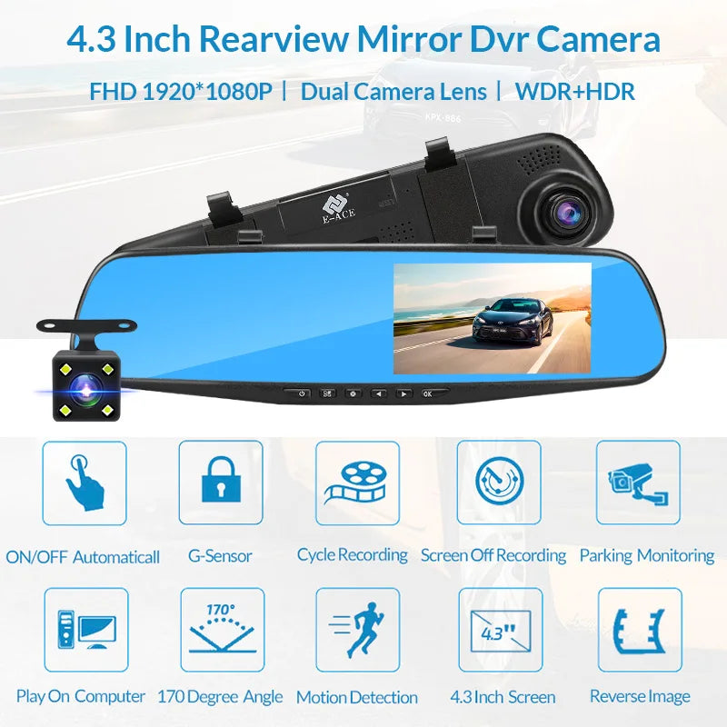 E-ACE 4.3 Inch Dashcam Car Dvr Mirror FHD 1080P Camera Optional Dual Lens DVR Rearview Mirror Dash Camera Car Video Recorder