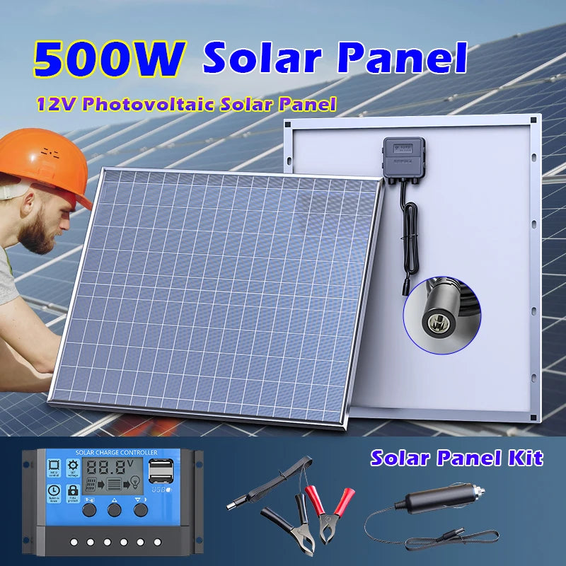 500W Rigid Monocrystalline Solar Panel with Aluminum Frame 12V Battery Charger for RV Camping Boat Home Off Grid Power USB
