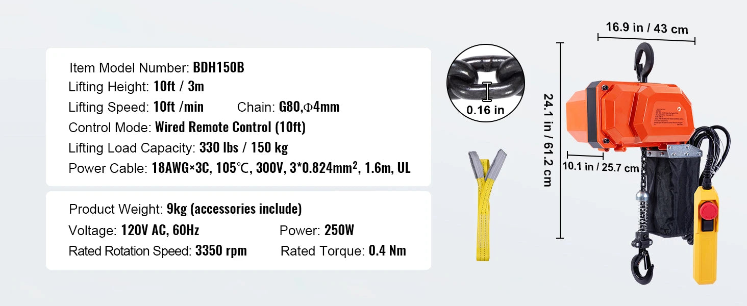 Elektrisk kedjekran med vagn för garagelyft 330–2200 lbs