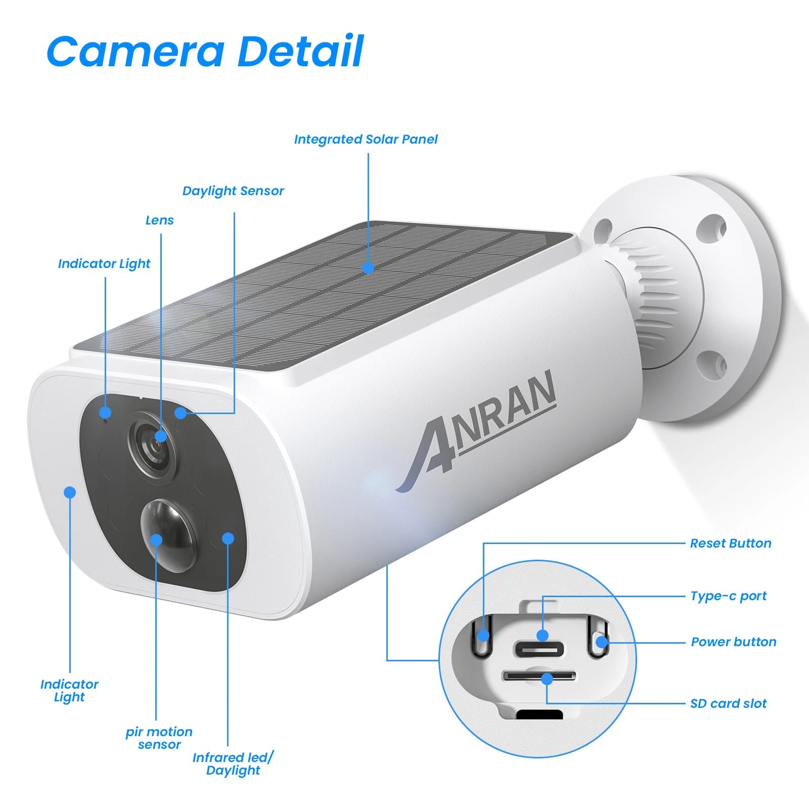 ANRAN 2K Wireless Solar Camera Outdoor Surveillance Integrated Battery Wifi Camera Humanoid Detection Flash Alarm Night Vision