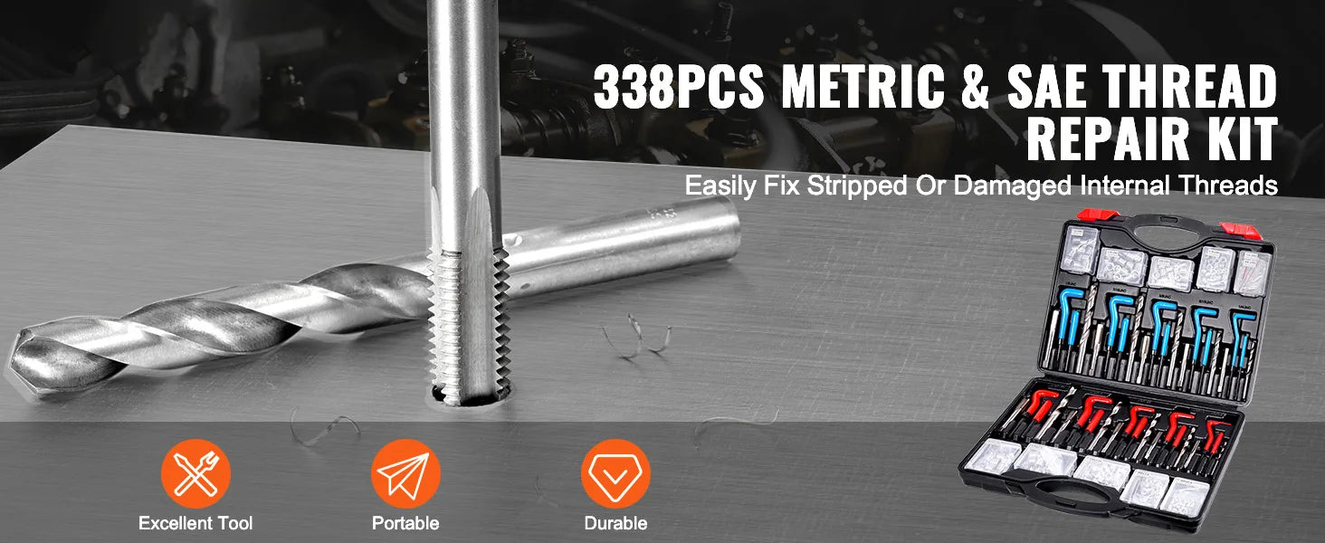338-teiliger Helicoil-Gewindereparatursatz SAE & metrisches Bohrer- und Gewindeschneiderset