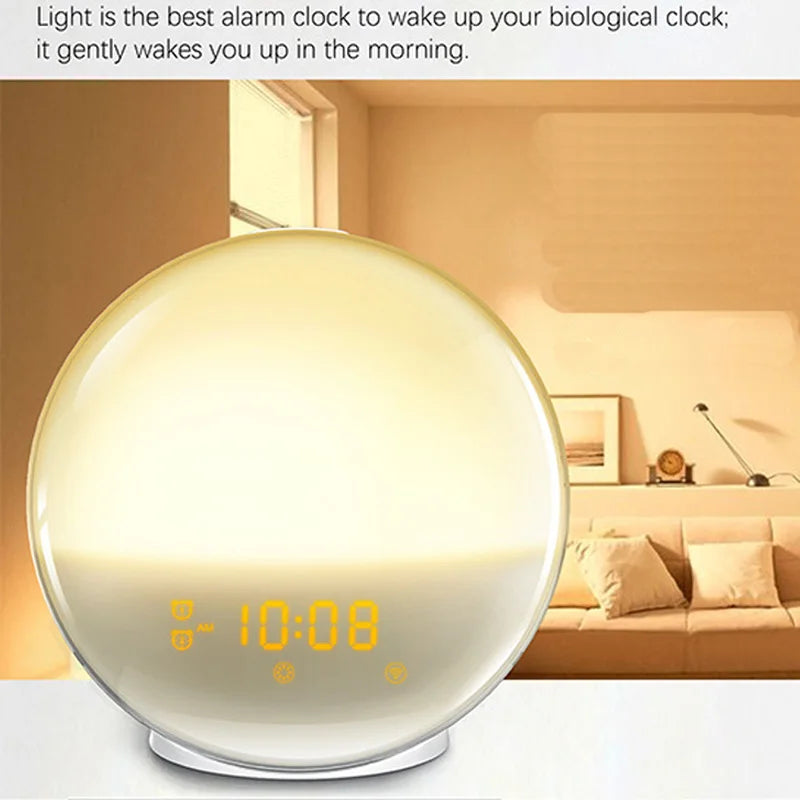 Sunrise Sunset Simulation Awakening Alarm Clock with Colorful Atmosphere Light and FM Radio Function.Relaxed Natural Sound Tunes