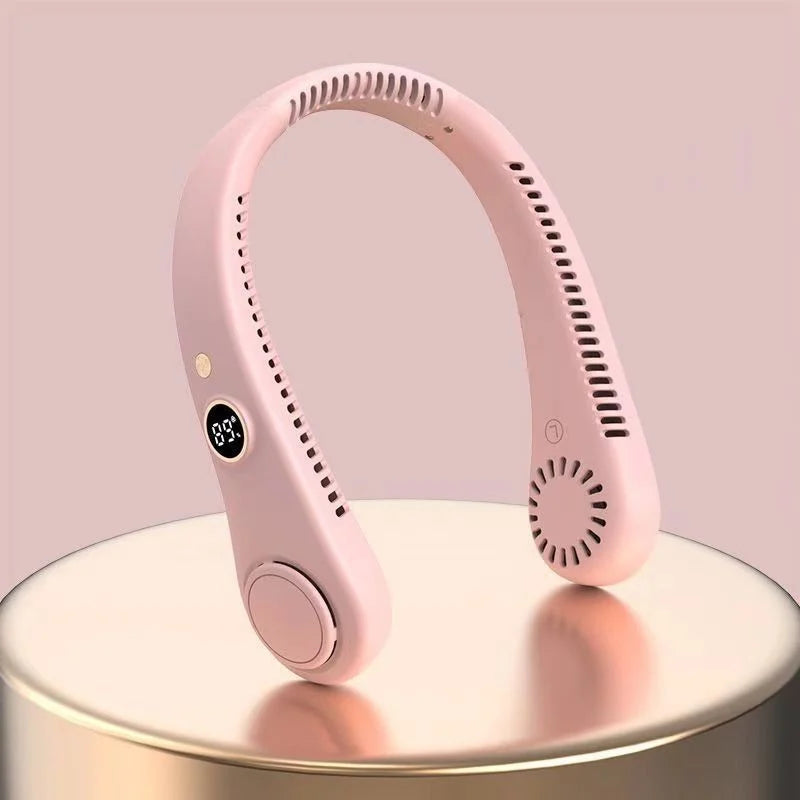 Ventoinha elétrica recarregável com ecrã digital para pendurar ao pescoço, design sem pás, ventoinha de pescoço sem pás, recarregável por USB