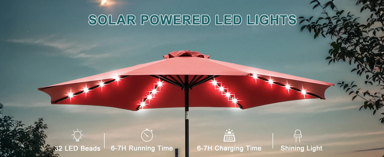 10FT Solterrasseparasol med 32 LED-lys, vippe- og svejsefunktion