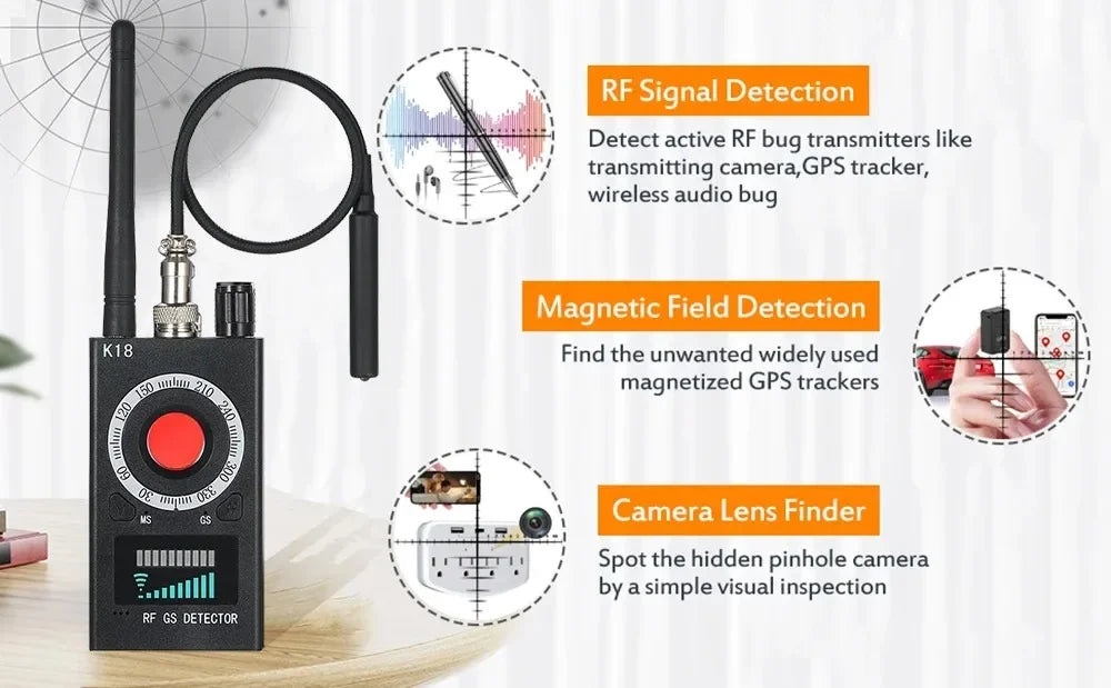 K18 Multi-function Anti-Candid Camera Wireless Lens Device Finder 1MHz-6.5GHz GSM Audio Bug GPS Signal RF Spy Tracker Detect
