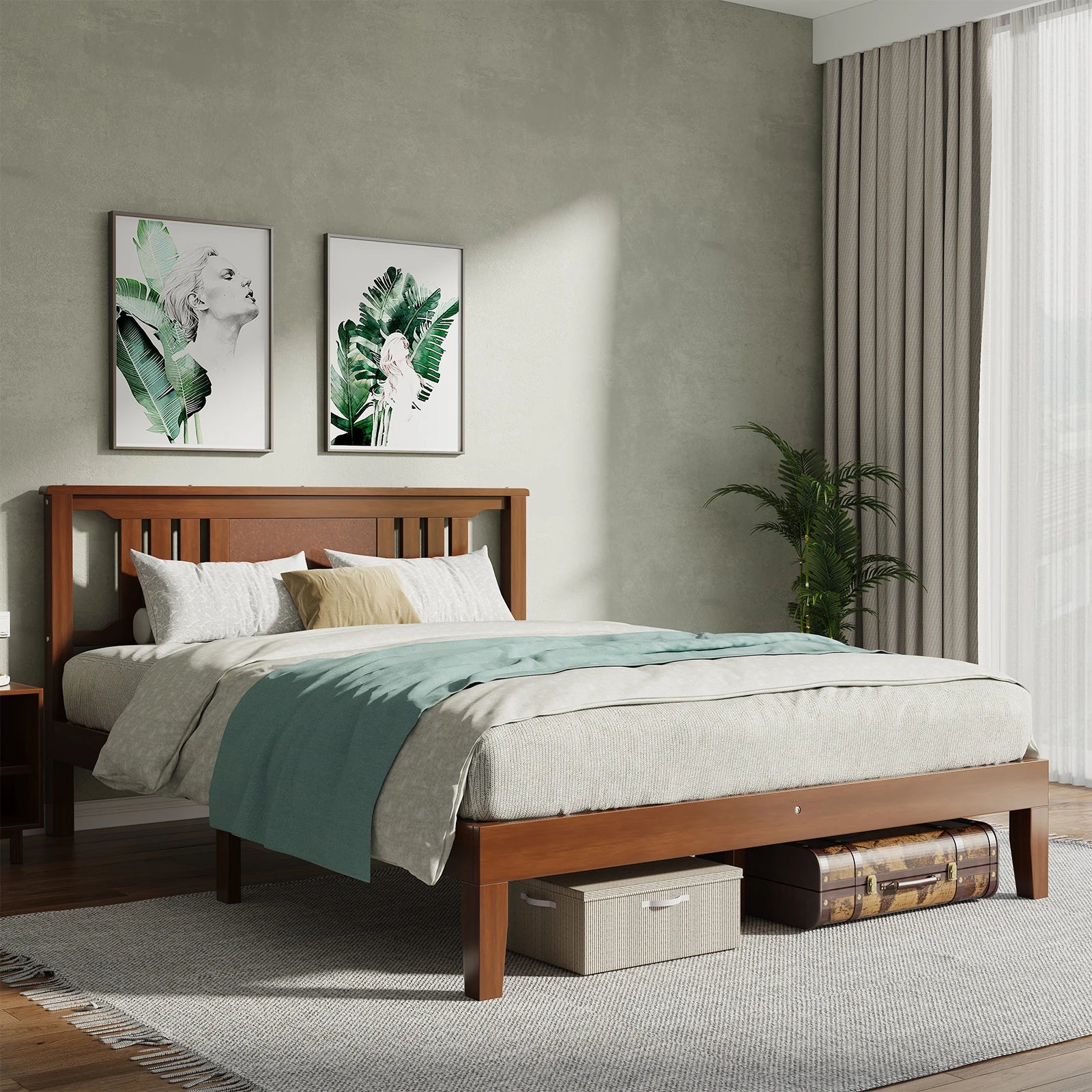 Solid Wood Platform Bed Frame with Headboard and Under-Bed Storage