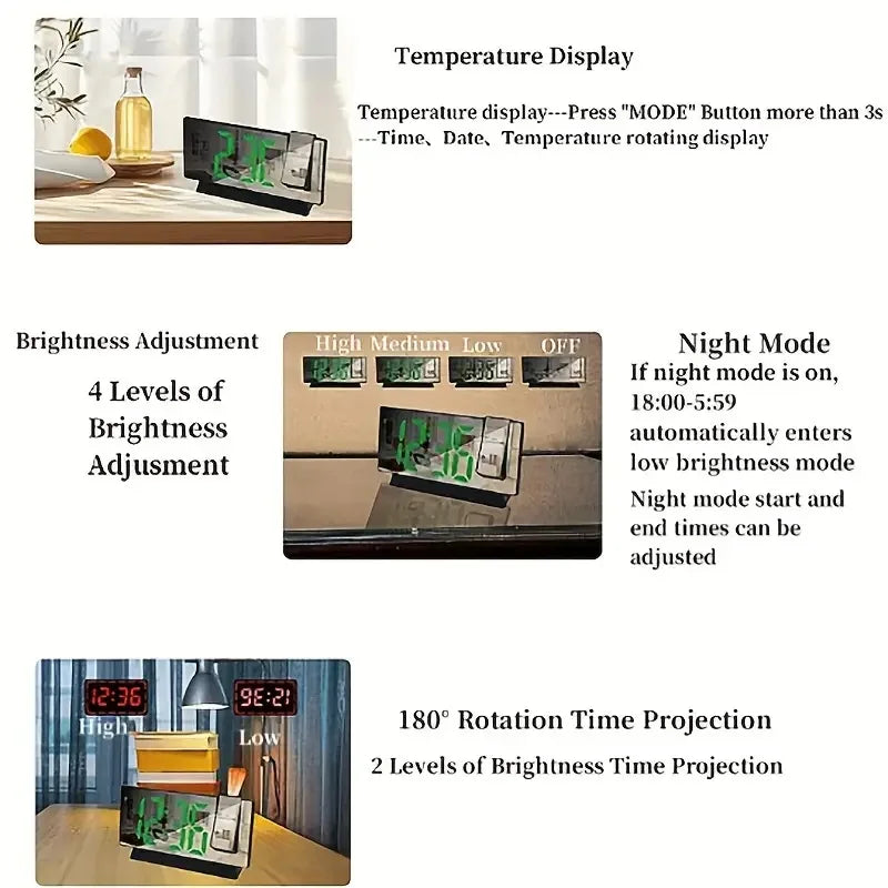 Projection alarm clock multifunction Intelligent luminous clock Bedroom large screen digital clock 180℃ back and celling projec