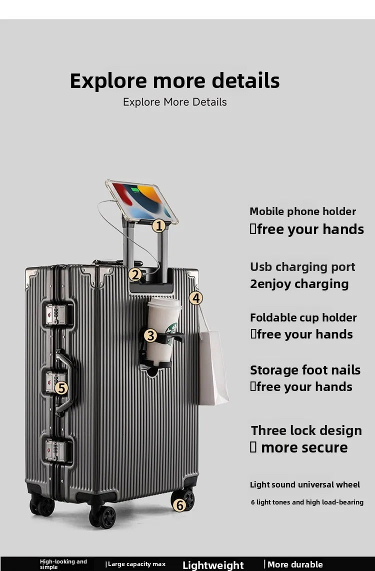 Aluminum Frame Suitcase with Silent All-Terrain Wheels and Cup Holder