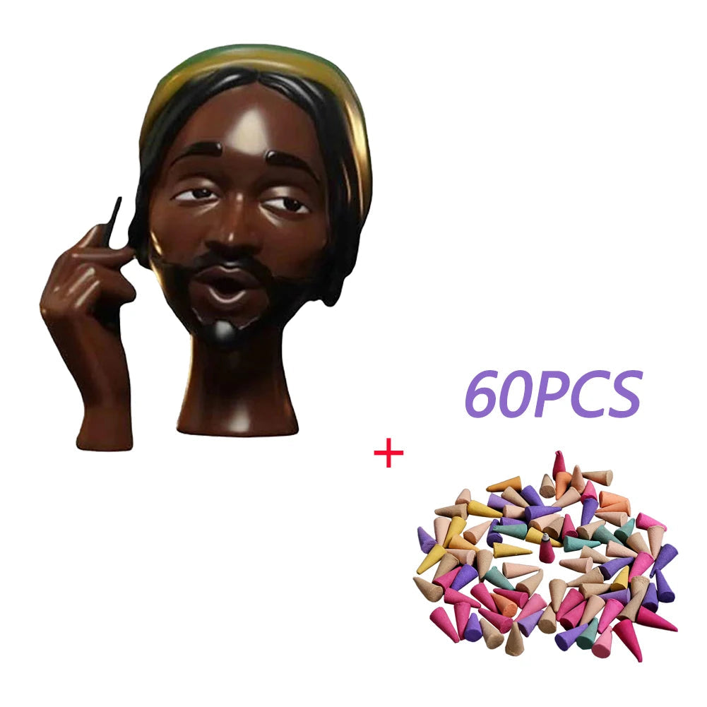 NEW Head Incense Burner Black Women Face Resin Incense Holder With 60Pcs Incense Cones for Bedroom Office Home
