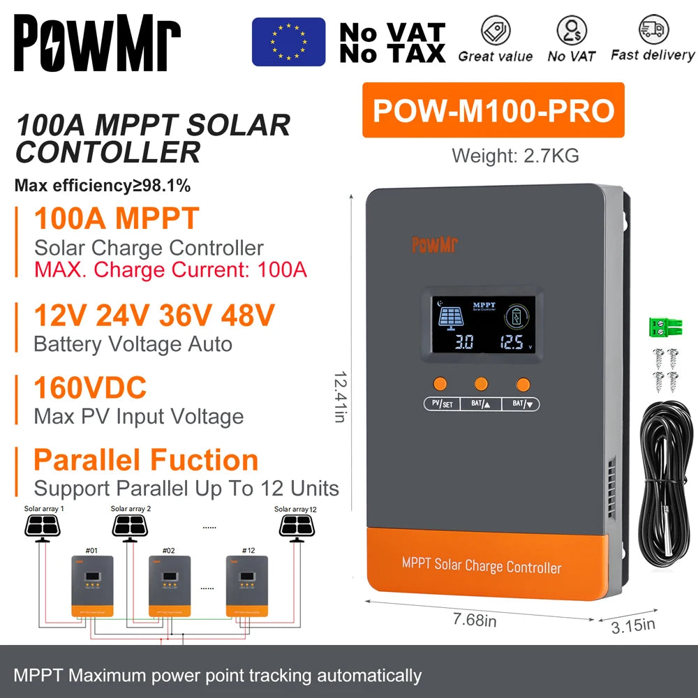 PowMr MPPT 100A 80A 60A 40A 30A 30A 20A Solar Charger Controller LCD Work With 12V 24V 36V 48V Lead-acid Lifepo4 Battery Solar Panel