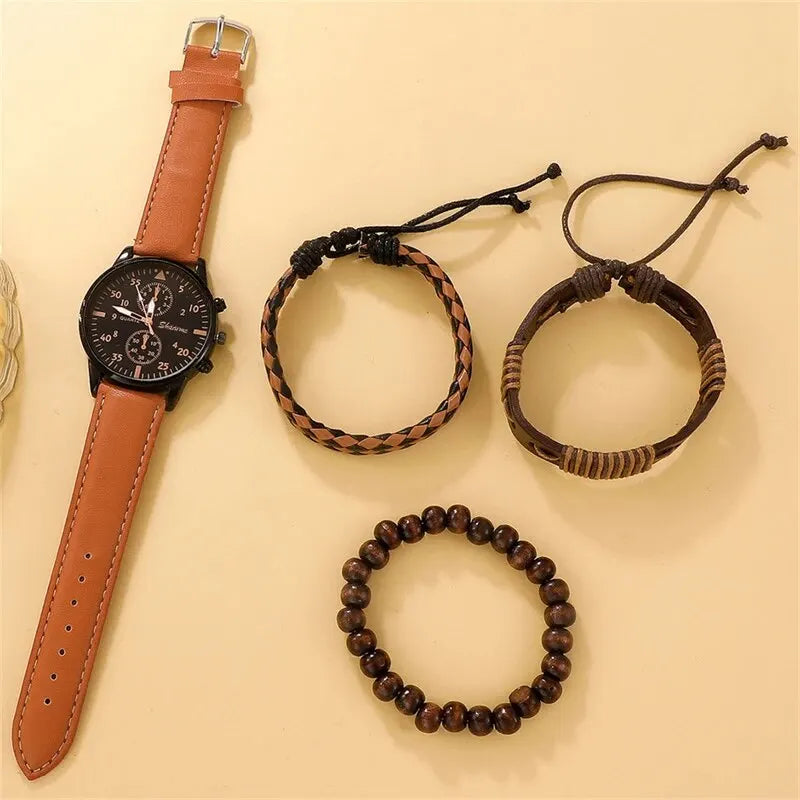 Men Watch Bracelet Set with Brown Leather Strap