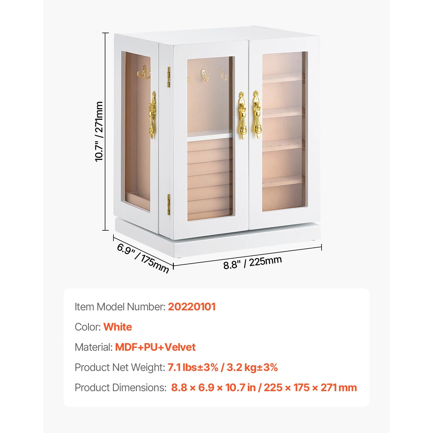 360° Rotating Jewelry Organizer Box with Acrylic Window & Hooks