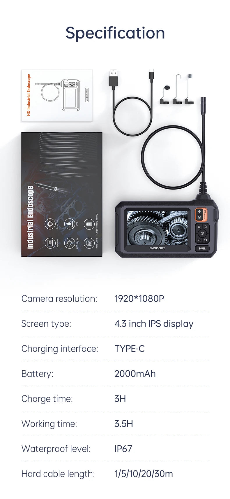 Inspection Borescope with 4.3-Inch IPS Screen and Dual Lens