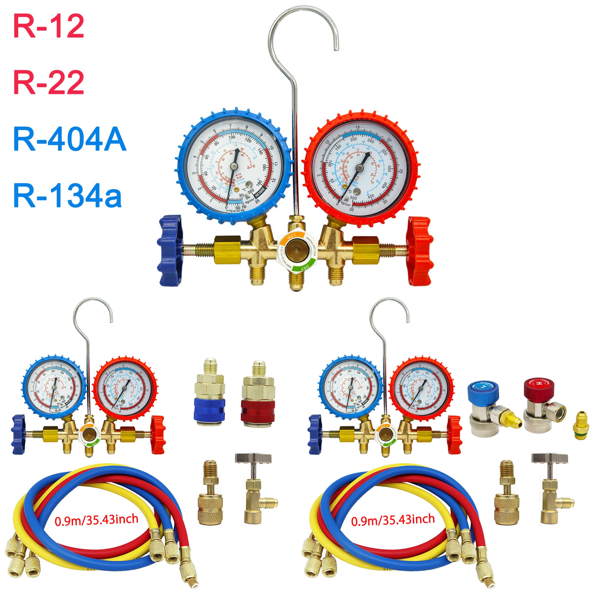 3-cestný AC manoměr s hadicami pre R12/R22/R404A/R134a | Automobilová HVAC diagnostika chladiaca látka